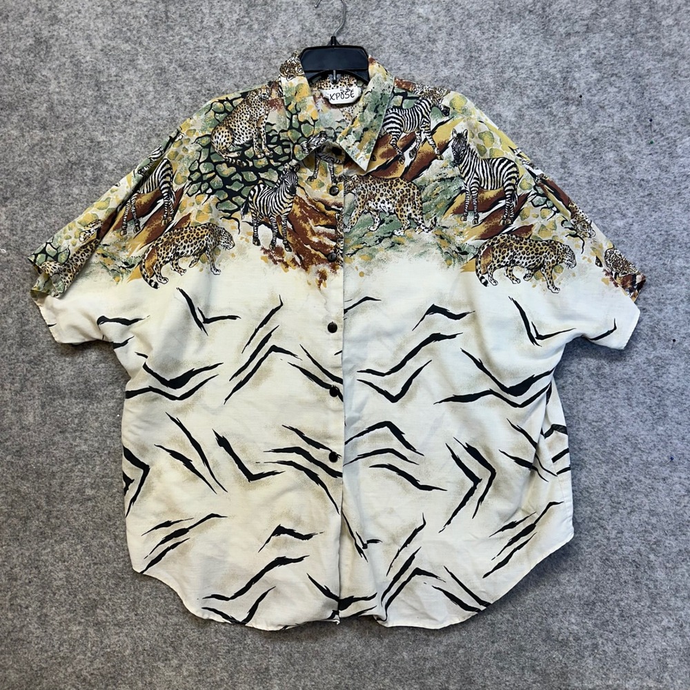 Expose Safari Shirt Women XL Multicolor Vintage Animal Print Zebra Leopard